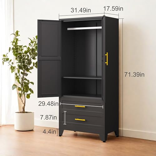 PAOFIN Black 71" Metal Armoire Wardrobe Closet, Bedroom Clothing Storage Cabinet with 2 Drawers and Hanging Rod, Freestanding Armoire Cabinet with Adjustable Shelves