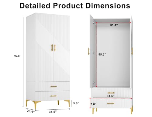 Wood White Wardrobe Closet with Drawers: 2 Doors - 2 Drawers and Armoire with Hanging 1 Rod - Cabinet Handle with Metal Legs - Tall Wardrobe Closet with 20.4" D x 31.5" W x 76.8" H