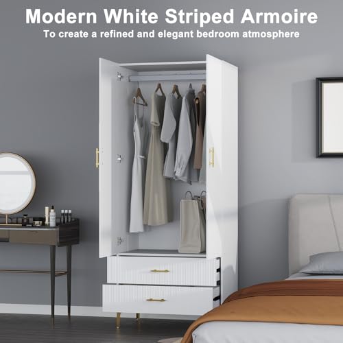 Wood White Wardrobe Closet with Drawers: 2 Doors - 2 Drawers and Armoire with Hanging 1 Rod - Cabinet Handle with Metal Legs - Tall Wardrobe Closet with 20.4" D x 31.5" W x 76.8" H