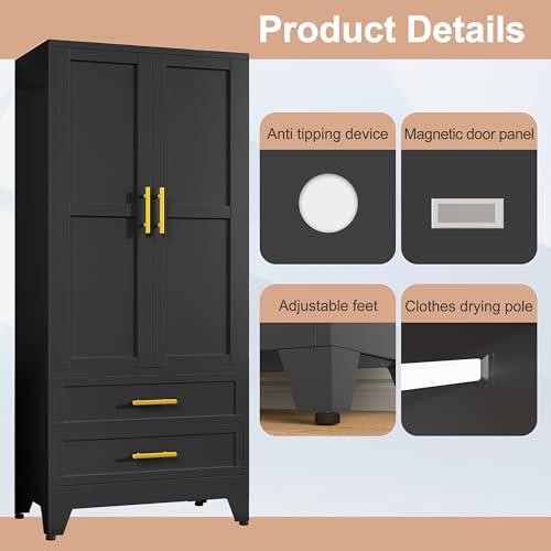 PAOFIN Black 71" Metal Armoire Wardrobe Closet, Bedroom Clothing Storage Cabinet with 2 Drawers and Hanging Rod, Freestanding Armoire Cabinet with Adjustable Shelves