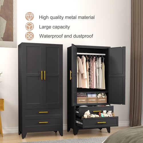 PAOFIN Black 71" Metal Armoire Wardrobe Closet, Bedroom Clothing Storage Cabinet with 2 Drawers and Hanging Rod, Freestanding Armoire Cabinet with Adjustable Shelves