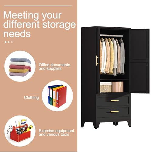 PAOFIN Black 71" Metal Armoire Wardrobe Closet, Bedroom Clothing Storage Cabinet with 2 Drawers and Hanging Rod, Freestanding Armoire Cabinet with Adjustable Shelves