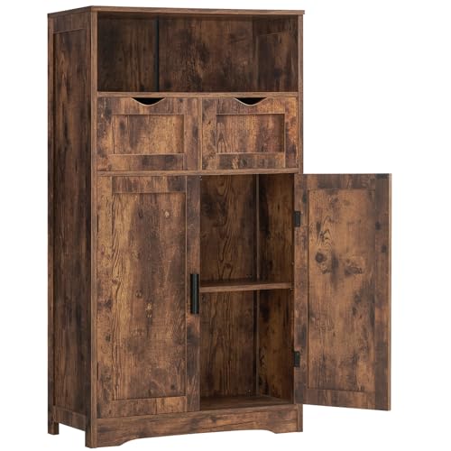 Iwell Storage Cabinet with 2 Drawers and Adjustable Shelves, Cupboard with Doors, Floor Cabinet for Living Room, Home Office, Rustic Brown