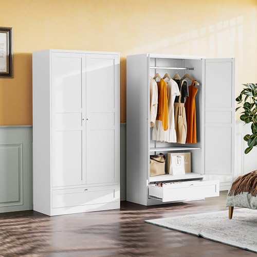 Metal Wardrobe Cabinet with Drawer,Armoire Wardrobe Closet with doors,White Metal Clothing Storage Cabinet with Adjustable Shelves and Hanging Rod,Wardrobe Storage Cabinet for Home,Bedroom Armoires