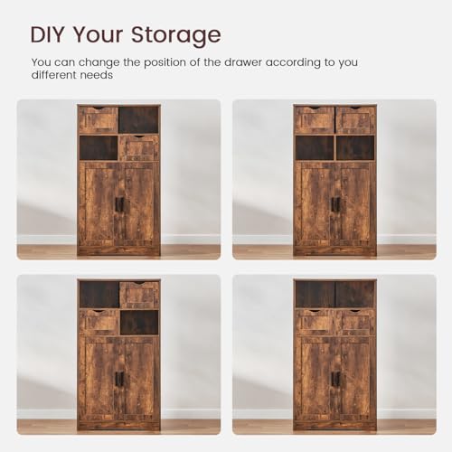 Iwell Storage Cabinet with 2 Drawers and Adjustable Shelves, Cupboard with Doors, Floor Cabinet for Living Room, Home Office, Rustic Brown