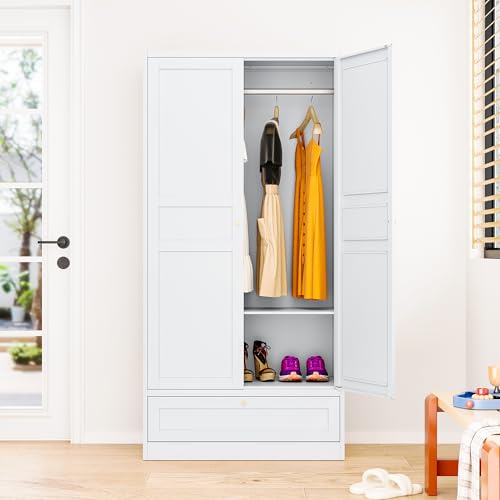 Metal Wardrobe Cabinet with Drawer,Armoire Wardrobe Closet with doors,White Metal Clothing Storage Cabinet with Adjustable Shelves and Hanging Rod,Wardrobe Storage Cabinet for Home,Bedroom Armoires