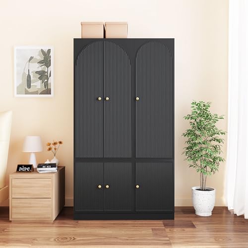 ORRD 6 Doors Freestanding Armoire Wardrobe Closet, Large Capacity Wardrobe Cabinet, Wooden Closet for Bedroom Black