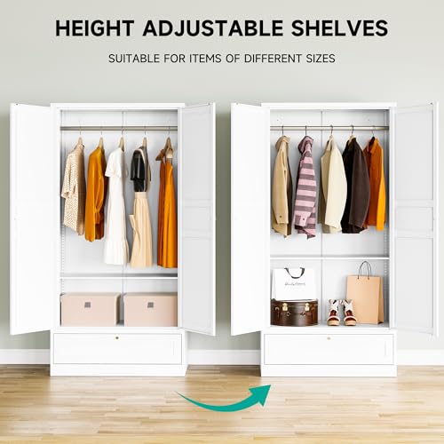 Metal Wardrobe Cabinet with Drawer,Armoire Wardrobe Closet with doors,White Metal Clothing Storage Cabinet with Adjustable Shelves and Hanging Rod,Wardrobe Storage Cabinet for Home,Bedroom Armoires