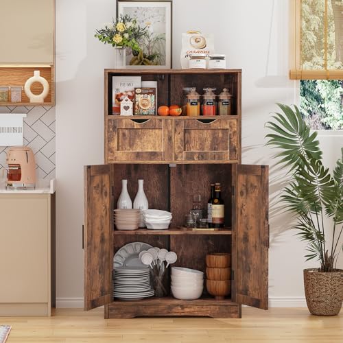 Iwell Storage Cabinet with 2 Drawers and Adjustable Shelves, Cupboard with Doors, Floor Cabinet for Living Room, Home Office, Rustic Brown