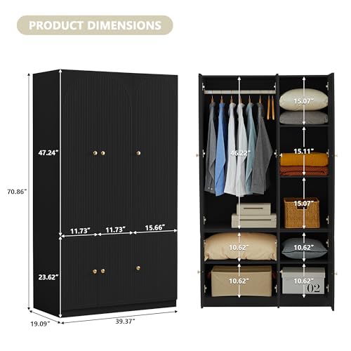 ORRD 6 Doors Freestanding Armoire Wardrobe Closet, Large Capacity Wardrobe Cabinet, Wooden Closet for Bedroom Black
