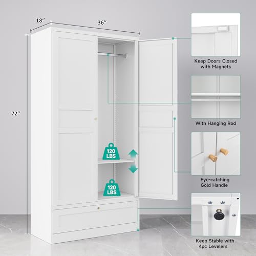 Metal Wardrobe Cabinet with Drawer,Armoire Wardrobe Closet with doors,White Metal Clothing Storage Cabinet with Adjustable Shelves and Hanging Rod,Wardrobe Storage Cabinet for Home,Bedroom Armoires