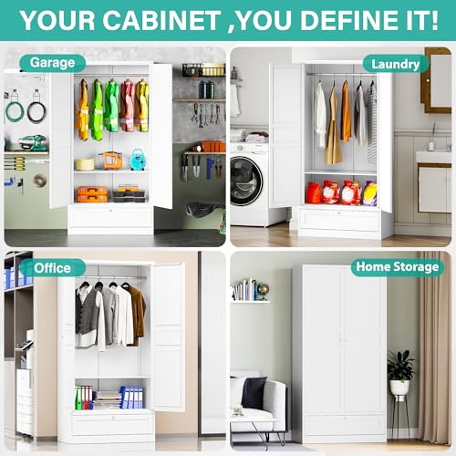 Metal Wardrobe Cabinet with Drawer,Armoire Wardrobe Closet with doors,White Metal Clothing Storage Cabinet with Adjustable Shelves and Hanging Rod,Wardrobe Storage Cabinet for Home,Bedroom Armoires