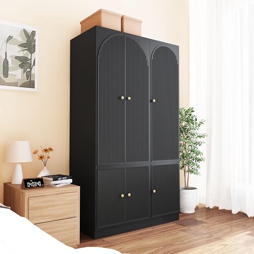 ORRD 6 Doors Freestanding Armoire Wardrobe Closet, Large Capacity Wardrobe Cabinet, Wooden Closet for Bedroom Black