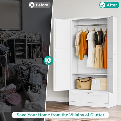 Metal Wardrobe Cabinet with Drawer,Armoire Wardrobe Closet with doors,White Metal Clothing Storage Cabinet with Adjustable Shelves and Hanging Rod,Wardrobe Storage Cabinet for Home,Bedroom Armoires