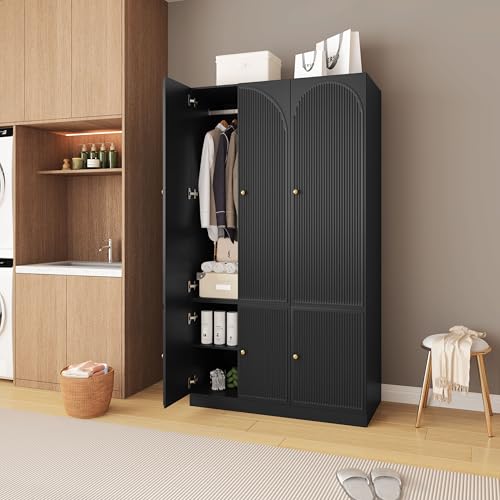 ORRD 6 Doors Freestanding Armoire Wardrobe Closet, Large Capacity Wardrobe Cabinet, Wooden Closet for Bedroom Black