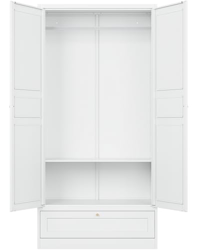 Metal Wardrobe Cabinet with Drawer,Armoire Wardrobe Closet with doors,White Metal Clothing Storage Cabinet with Adjustable Shelves and Hanging Rod,Wardrobe Storage Cabinet for Home,Bedroom Armoires