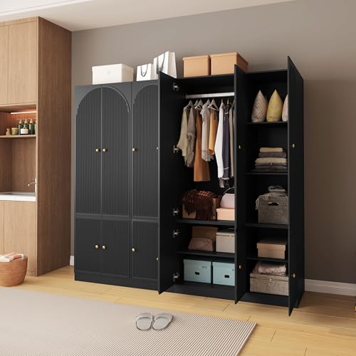 ORRD 6 Doors Freestanding Armoire Wardrobe Closet, Large Capacity Wardrobe Cabinet, Wooden Closet for Bedroom Black