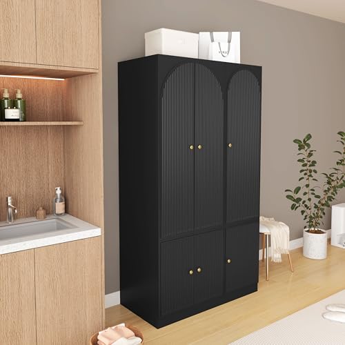 ORRD 6 Doors Freestanding Armoire Wardrobe Closet, Large Capacity Wardrobe Cabinet, Wooden Closet for Bedroom Black
