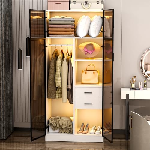 BROTTAR Armoire Wardrobe Closet with 3 Color Lights, Bedroom Armoire with 2 Drawers, Hanging Rod, Human Body Sensor, Storage Cabinet with 4 Shelves, White