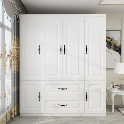 Keloyid Armoire Wardrobe Closet: White Large Bedroom Armoires Wood Wardrobe Cabinet with 4 Door 2 Drawers Tall Wardrobe Closet with Shelves and 2 Hanging Rail