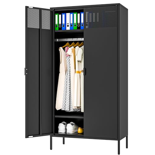 Ustamio 71 Inches Black Metal Wardrobe Cabinet with Hanging Rod, Metal Armoire Wardrobe Closet with Doors for Bedroom, Office, Laundry Room and Changing Room, Metal Locker Cabinet