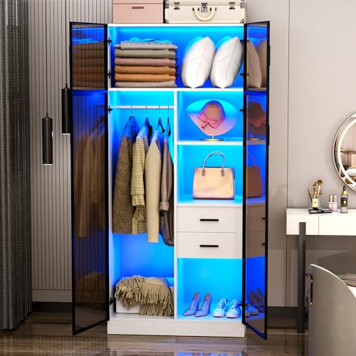 BROTTAR Armoire Wardrobe Closet with 3 Color Lights, Bedroom Armoire with 2 Drawers, Hanging Rod, Human Body Sensor, Storage Cabinet with 4 Shelves, White
