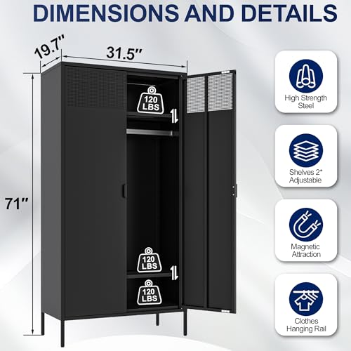 Ustamio 71 Inches Black Metal Wardrobe Cabinet with Hanging Rod, Metal Armoire Wardrobe Closet with Doors for Bedroom, Office, Laundry Room and Changing Room, Metal Locker Cabinet