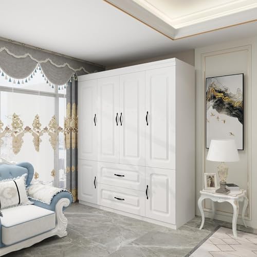 Keloyid Armoire Wardrobe Closet: White Large Bedroom Armoires Wood Wardrobe Cabinet with 4 Door 2 Drawers Tall Wardrobe Closet with Shelves and 2 Hanging Rail
