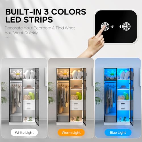 BROTTAR Armoire Wardrobe Closet with 3 Color Lights, Bedroom Armoire with 2 Drawers, Hanging Rod, Human Body Sensor, Storage Cabinet with 4 Shelves, White