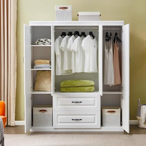 Keloyid Armoire Wardrobe Closet: White Large Bedroom Armoires Wood Wardrobe Cabinet with 4 Door 2 Drawers Tall Wardrobe Closet with Shelves and 2 Hanging Rail