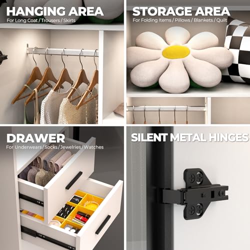 BROTTAR Armoire Wardrobe Closet with 3 Color Lights, Bedroom Armoire with 2 Drawers, Hanging Rod, Human Body Sensor, Storage Cabinet with 4 Shelves, White