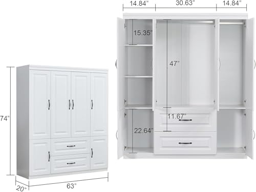 Keloyid Armoire Wardrobe Closet: White Large Bedroom Armoires Wood Wardrobe Cabinet with 4 Door 2 Drawers Tall Wardrobe Closet with Shelves and 2 Hanging Rail