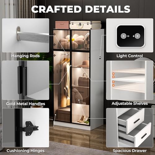 BROTTAR Armoire Wardrobe Closet with 3 Color Lights, Bedroom Armoire with 2 Drawers, Hanging Rod, Human Body Sensor, Storage Cabinet with 4 Shelves, White