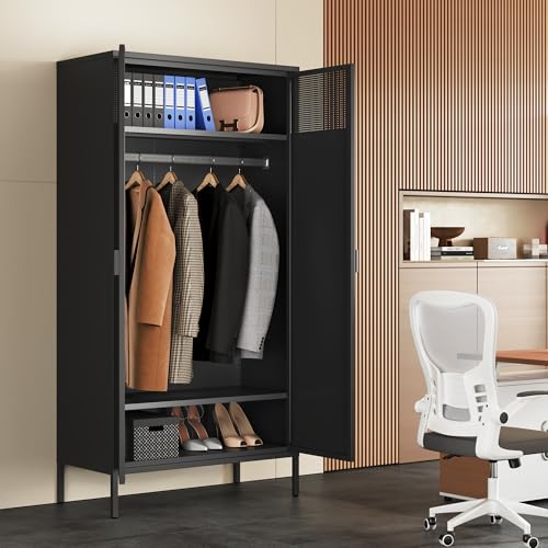 Ustamio 71 Inches Black Metal Wardrobe Cabinet with Hanging Rod, Metal Armoire Wardrobe Closet with Doors for Bedroom, Office, Laundry Room and Changing Room, Metal Locker Cabinet