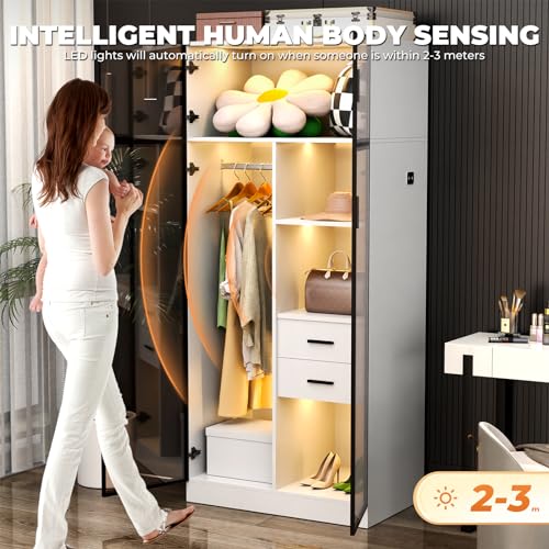 BROTTAR Armoire Wardrobe Closet with 3 Color Lights, Bedroom Armoire with 2 Drawers, Hanging Rod, Human Body Sensor, Storage Cabinet with 4 Shelves, White
