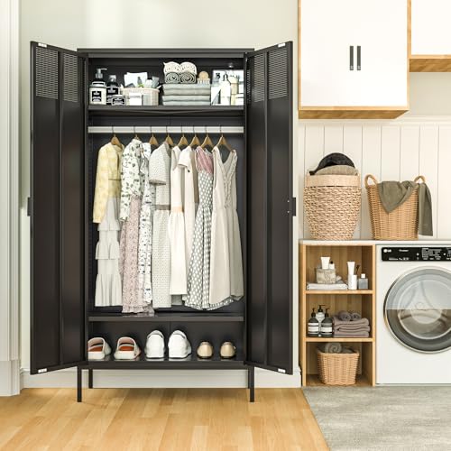 Ustamio 71 Inches Black Metal Wardrobe Cabinet with Hanging Rod, Metal Armoire Wardrobe Closet with Doors for Bedroom, Office, Laundry Room and Changing Room, Metal Locker Cabinet