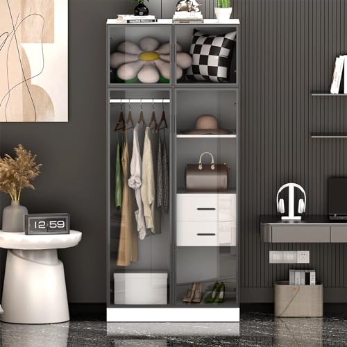 BROTTAR Armoire Wardrobe Closet with 3 Color Lights, Bedroom Armoire with 2 Drawers, Hanging Rod, Human Body Sensor, Storage Cabinet with 4 Shelves, White