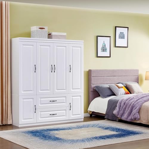 Keloyid Armoire Wardrobe Closet: White Large Bedroom Armoires Wood Wardrobe Cabinet with 4 Door 2 Drawers Tall Wardrobe Closet with Shelves and 2 Hanging Rail