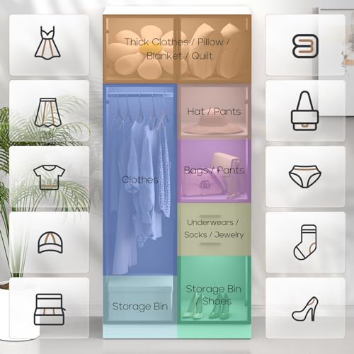 BROTTAR Armoire Wardrobe Closet with 3 Color Lights, Bedroom Armoire with 2 Drawers, Hanging Rod, Human Body Sensor, Storage Cabinet with 4 Shelves, White