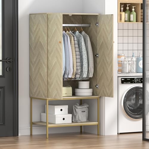 Anmytek Armoire Wardrobe Closet with Doors, Wooden Wardrobe Closet with Hanging Rod & Shelf, Modern Wardrobe Cabinet for Bedroom, Changing Room, Laundry Room, Dorm(18.9”D x 31.5”W x 63”H)