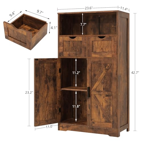 WEENFON Storage Cabinet with 2 Adjustable Drawers & 2 Barn Doors, Floor Cabinet, Freestanding Cupboard with Adjustable Shelf, for Living Room, Home Office, Kitchen, Rustic Brown