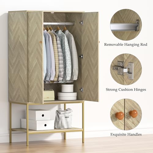 Anmytek Armoire Wardrobe Closet with Doors, Wooden Wardrobe Closet with Hanging Rod & Shelf, Modern Wardrobe Cabinet for Bedroom, Changing Room, Laundry Room, Dorm(18.9”D x 31.5”W x 63”H)