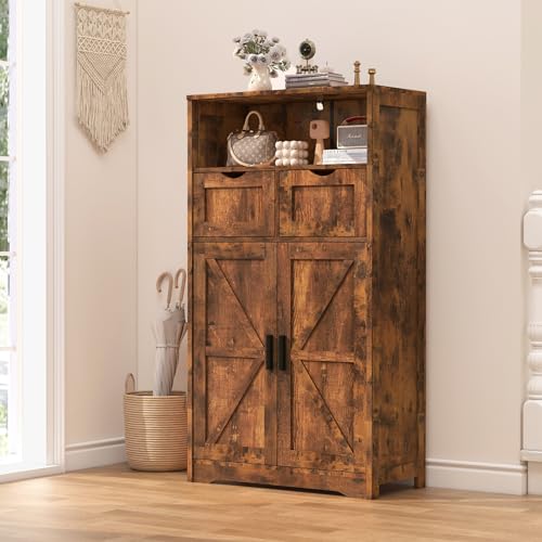 WEENFON Storage Cabinet with 2 Adjustable Drawers & 2 Barn Doors, Floor Cabinet, Freestanding Cupboard with Adjustable Shelf, for Living Room, Home Office, Kitchen, Rustic Brown
