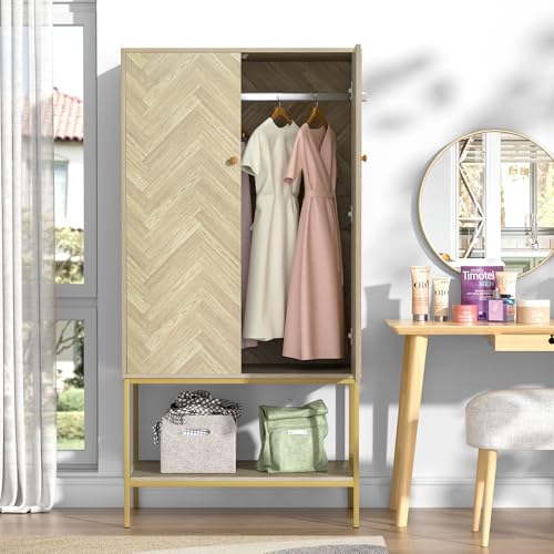 Anmytek Armoire Wardrobe Closet with Doors, Wooden Wardrobe Closet with Hanging Rod & Shelf, Modern Wardrobe Cabinet for Bedroom, Changing Room, Laundry Room, Dorm(18.9”D x 31.5”W x 63”H)