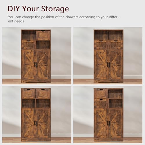 WEENFON Storage Cabinet with 2 Adjustable Drawers & 2 Barn Doors, Floor Cabinet, Freestanding Cupboard with Adjustable Shelf, for Living Room, Home Office, Kitchen, Rustic Brown