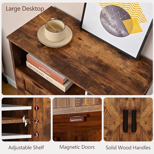 WEENFON Storage Cabinet with 2 Adjustable Drawers & 2 Barn Doors, Floor Cabinet, Freestanding Cupboard with Adjustable Shelf, for Living Room, Home Office, Kitchen, Rustic Brown