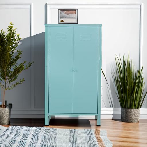 LINGZOE 2 Magnetic Doors Steel Wardrobe Kids Closet Storage Accent Cabinet with Hanging Rod and 2 Laminate,Metal Children Tall Storage lockers Armoire with Leg for Home Bedroom,Laundry Room