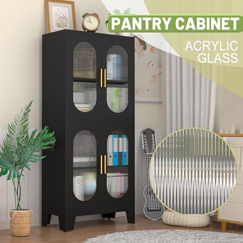 winiowa 61" Metal Pantry Cabinet, Kitchen Storage Cabinets with Acrylic Glass Doors and Adjustable Shelves, Black Cupboard for Bathroom, Laundry, Living Room, Dinning Room, Home Office