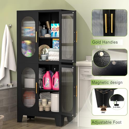 winiowa 61" Metal Pantry Cabinet, Kitchen Storage Cabinets with Acrylic Glass Doors and Adjustable Shelves, Black Cupboard for Bathroom, Laundry, Living Room, Dinning Room, Home Office