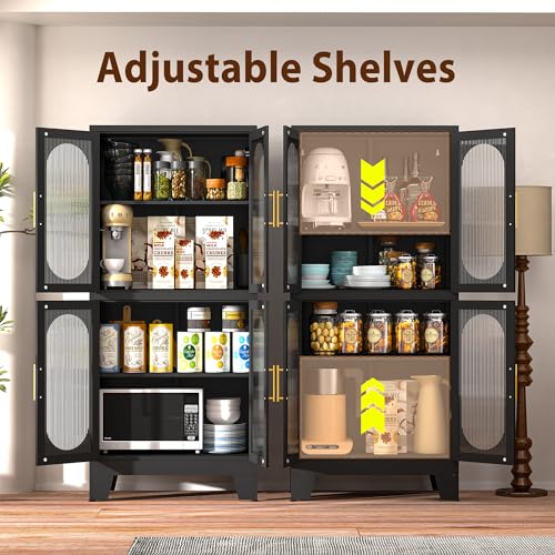 winiowa 61" Metal Pantry Cabinet, Kitchen Storage Cabinets with Acrylic Glass Doors and Adjustable Shelves, Black Cupboard for Bathroom, Laundry, Living Room, Dinning Room, Home Office